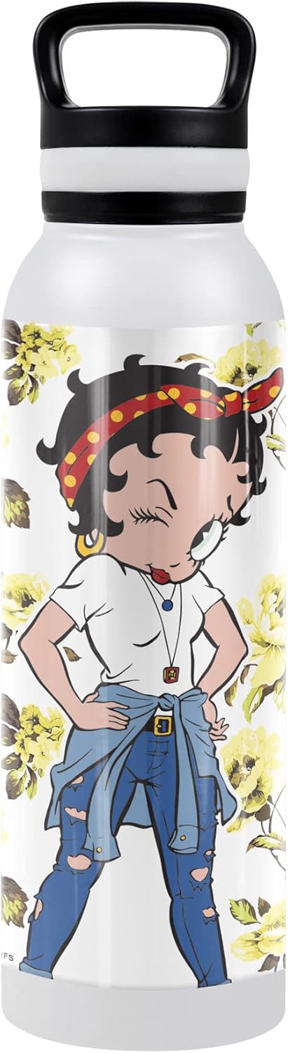 Betty Boop OFFICIAL Yellow Flowers 24 oz Insulated Canteen Water Bottle, Leak Resistant, Vacuum Insulated Stainless Steel with Loop Cap