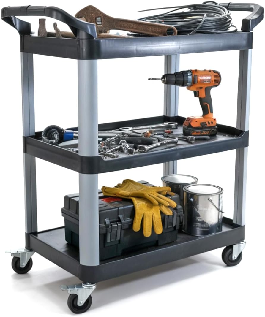 Commercial Heavy-Duty Utility Service Cart | 3 Shelf | | 450 Lbs Max Capacity | Rolling Utility Cart W 33" x H 37" x D 16" Black