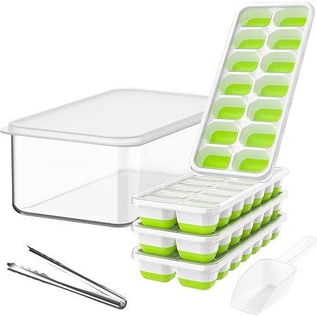 DOQAUS Ice Cube Tray with Lid and Bin, 4 Pack Silicone Plastic Ice Cube Trays for Freezer with Ice Box, Ice Trays with Ice Container, Stackable Ice Tray with Storage Ice Bucket,Ice Tong,Ice Scoop
