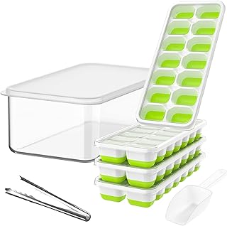 DOQAUS Ice Cube Tray with Lid and Bin, 4 Pack Silicone Plastic Ice Cube Trays for Freezer with Ice Box, Ice Trays with Ice Container, Stackable Ice Tray with Storage Ice Bucket,Ice Tong,Ice Scoop