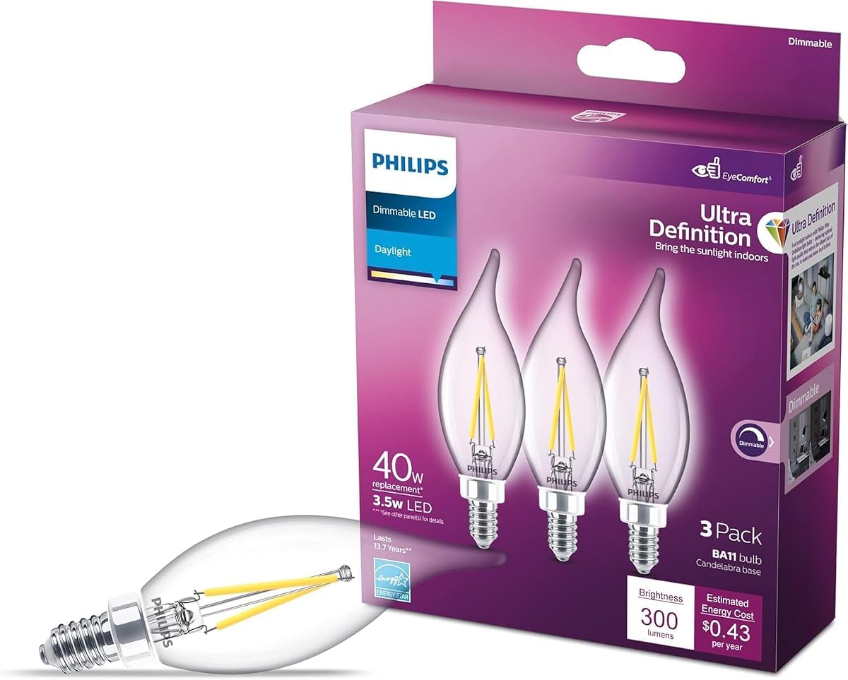LED 60W BA11 E12 Base 3-Pack Ultra Definition Daylight (5000K) 500 Lumen (5W = 60W) Dimmable Clear Flicker-Free Candelabra Light Bulbs