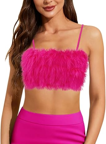 Giovacker Womens Spaghetti Strap Faux Fur Crop Tops