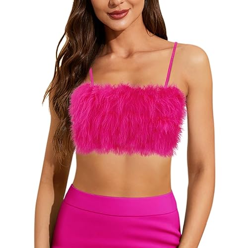 Giovacker Womens Faux Fur Crop Tops Spaghetti Strap Tube Top Cami Tank Vest Rave Party Clubwear Dance Oufits - Small - Fur Rose Red