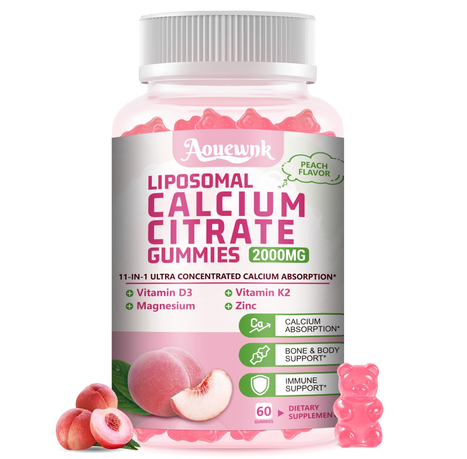 Liposomal 2000mg Calcium Citrate with Vitamin D3 K2 Supplements Gummies 60 Count (Pack of 1)