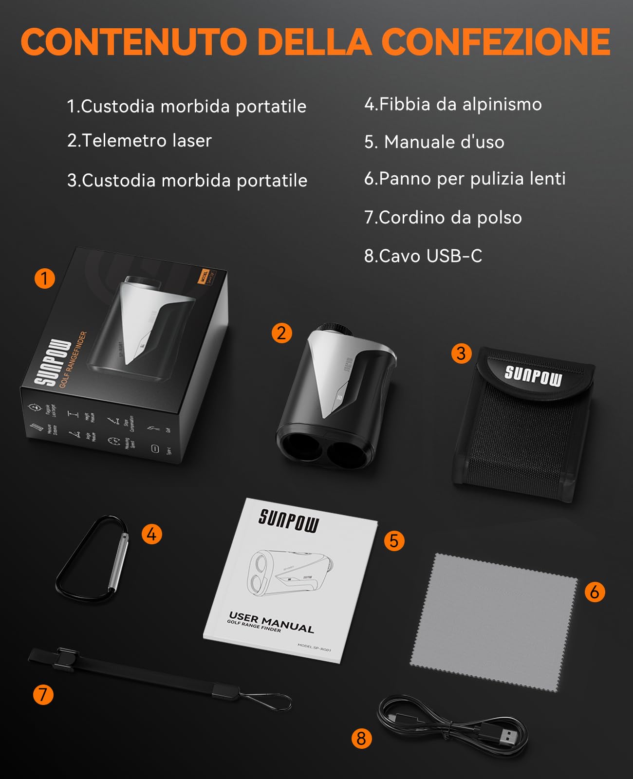 SUNPOW Telemetro Laser 7X Alta Precisione per Golf e Caccia, 1200 Iarde / 1000 Metri, con Pendenza, 5 Modalità, Blocco Asta Bandiera, Vibrazione e Batteria Ricaricabile