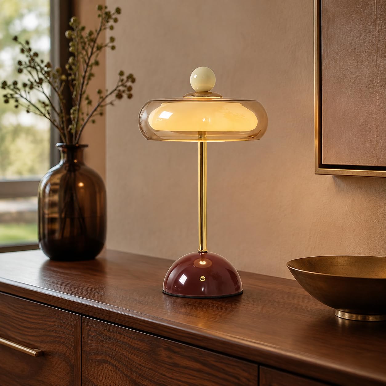 AZMV Decorative Glass Bedside Lamp, Modern Retro Touch Table Light with Stepless Dimming and 3 Light Colours, Elegant LED Lamp for Bedroom, Side Table and Dining Room, Burgundy