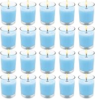 Vista 1 de Juego de 20 velas votivas azul bebé de vidrio transparente rellenas de cera de soja sin aroma para el hogar, spa, bodas, vacaciones, baby shower