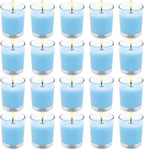Juego de 20 velas votivas Babyblue con relleno de vidrio transparente sin perfume de cera de soja para el hogar, spa, bodas, vacaciones, baby