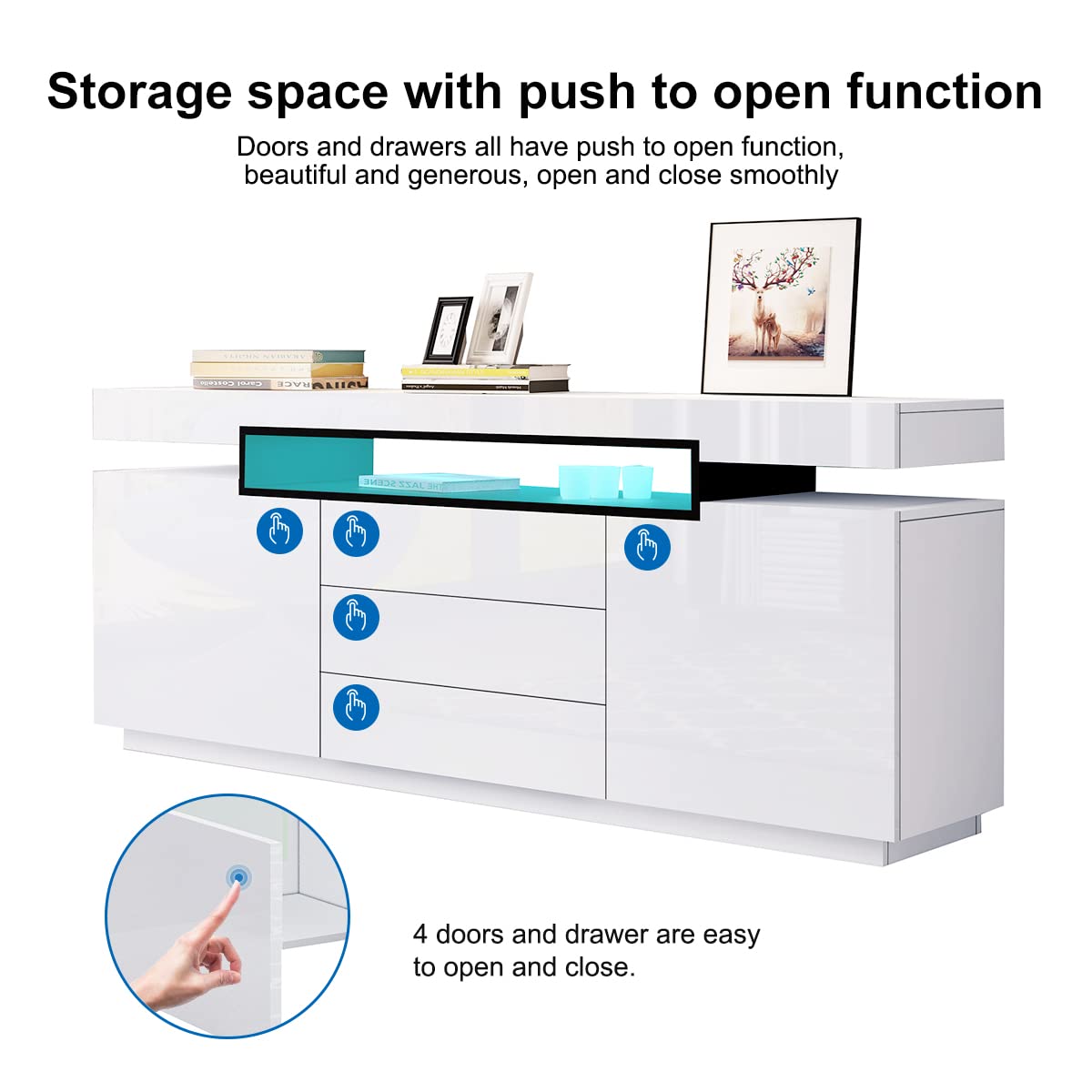 BESTWANTED Sideboard Weiß Hochglanz - LED Sideboard Mit 2 Türen & 3 Schubladen 150cm