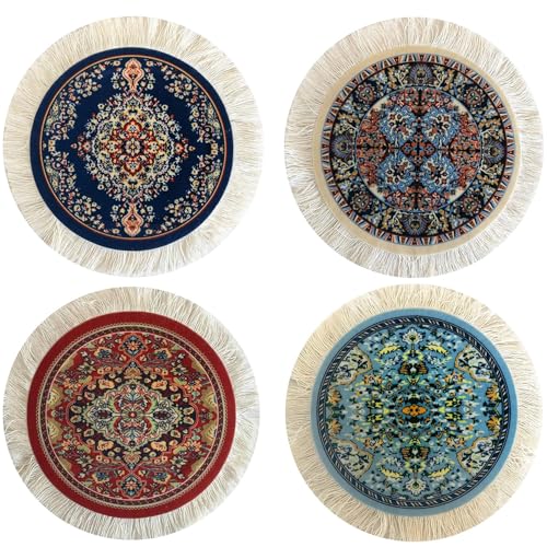 Image of Carpet Coasters, Set of 4 Turkish Rug Style Table Drink mats, Absorbent Kitchen and Dining Accessories, Spill & drip Protection, Round