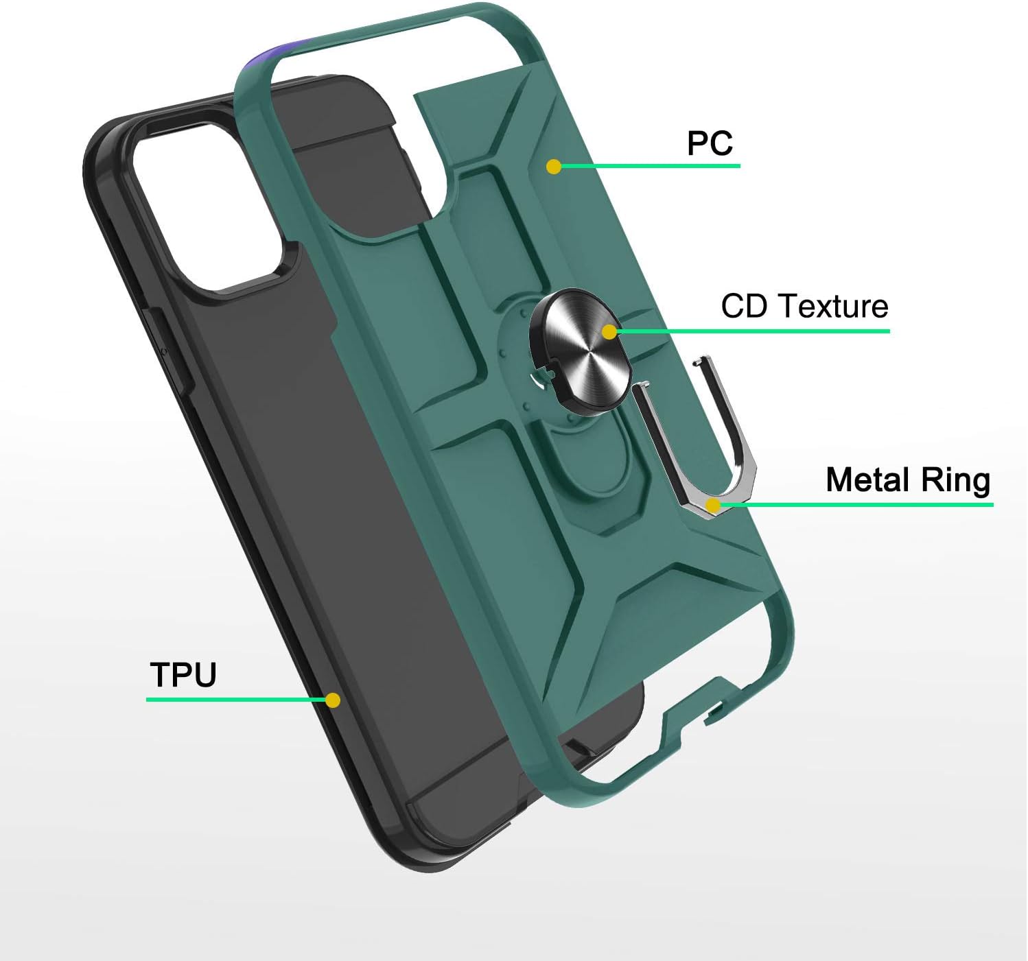 iPhone 11 Case with HD Screen Protector(6.1 Inch), Atump 360° Rotation Ring Holder Kickstand [Work with Magnetic Car Mount] PC+ TPU Phone Case for Apple iPhone 11(2019), Midnight Green