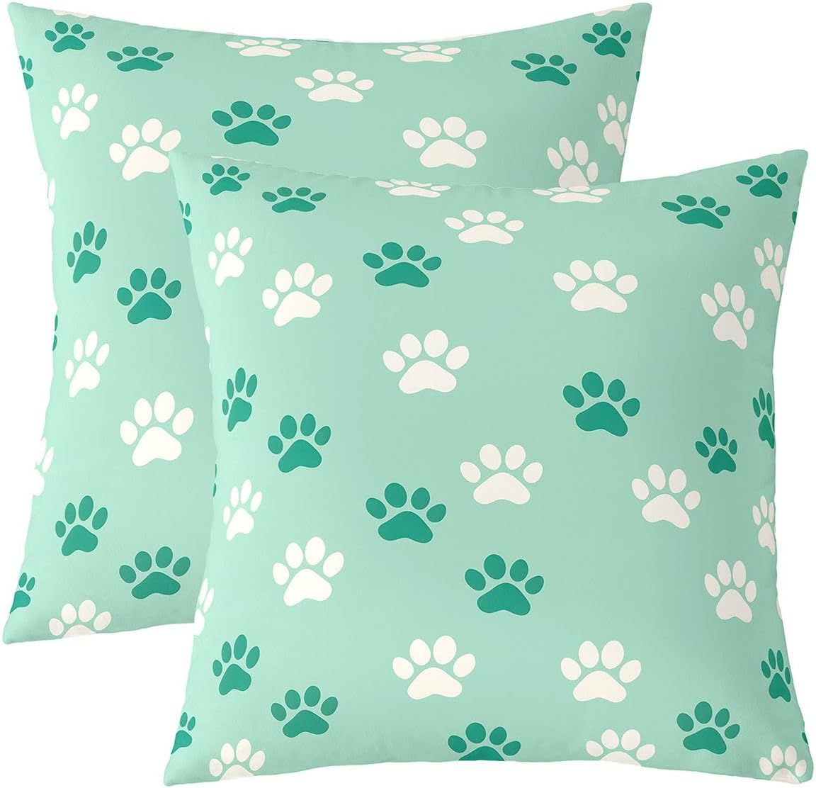 Manfei Dog Paw Kids Throw Pillow Cover,Puppy Footprint Double Sides Pillow Case,Cartoon Pet Home Decor,Green Bed Couch Sofa Cushion Cover,4 Pack 16"x16" image 2