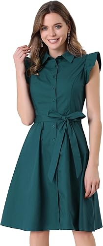Allegra K Vestido casual de oficina de manga con volantes para mujer, con lazo en la cintura, con botones y botones