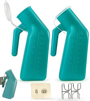 Urinals for Men Two 1000ml Urine Bottle Green with 2 Hooks, Suitable for Nighttime use, in the car, at the Beach, While Travelling, specifically for Male use