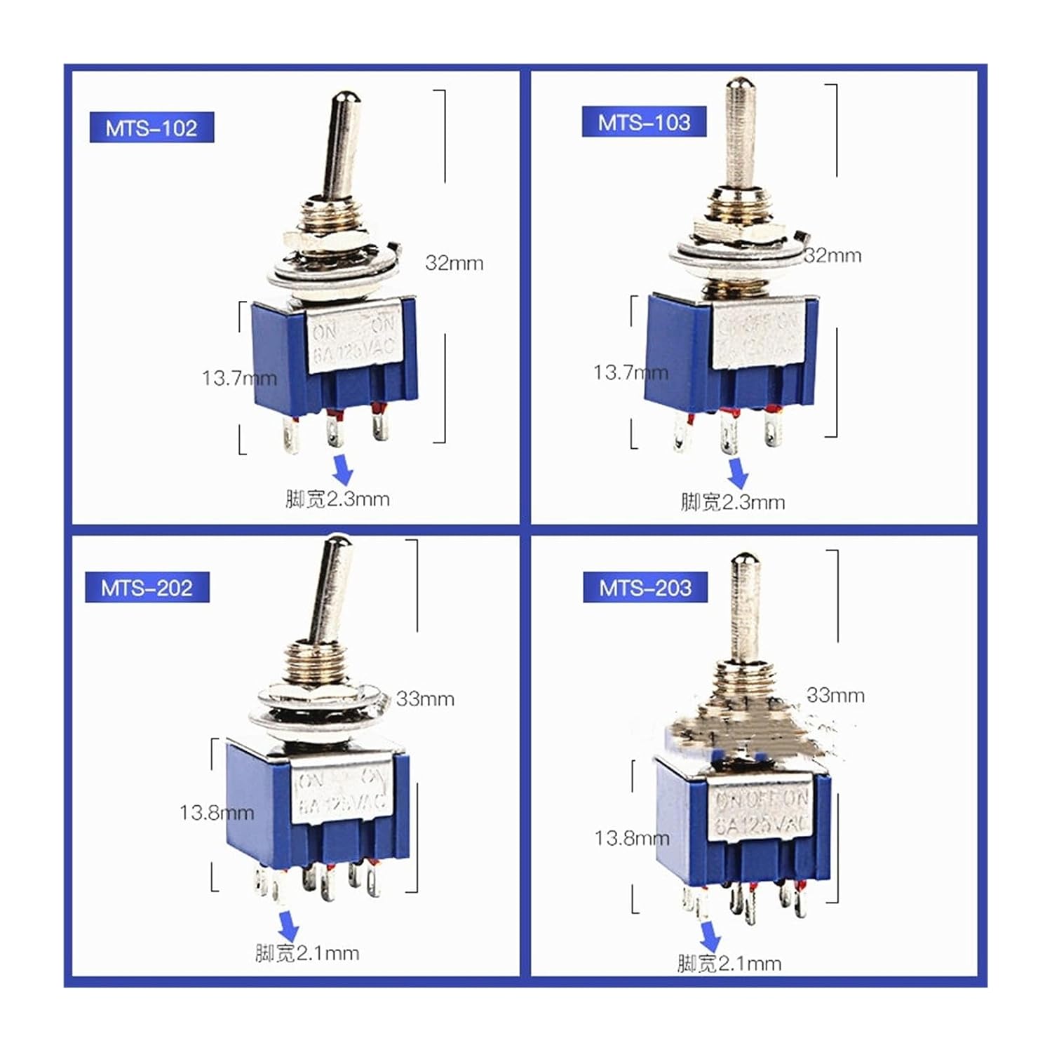 10PCS Toggle Switch MTS-102/103/202/203 3 Feet/6 Feet Two/Three Gears Single/Double Rocker(102)
