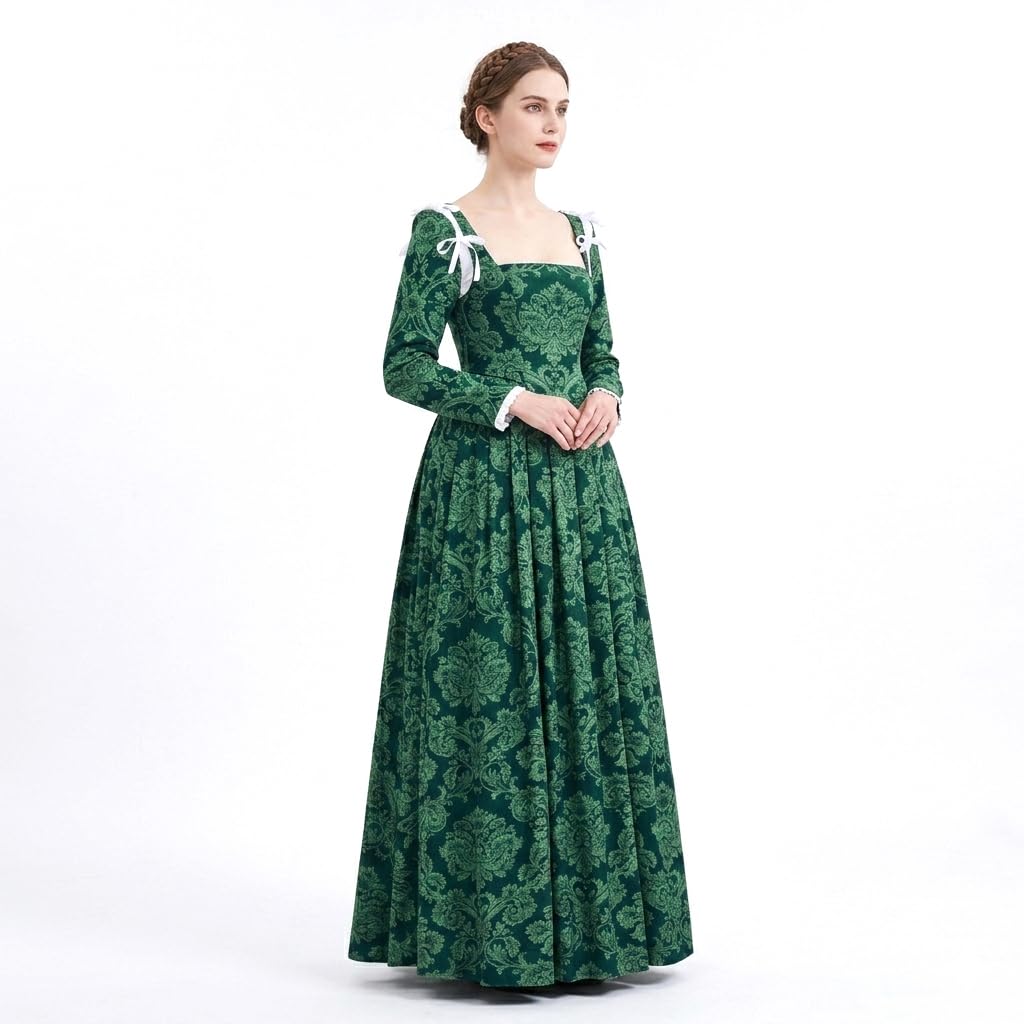 ZODICOS Tudor Period Anne Boleyn Renaissance Floral Lace-Up Costume Dress Tudor Queen Ball Gown for Women (Green, XL)