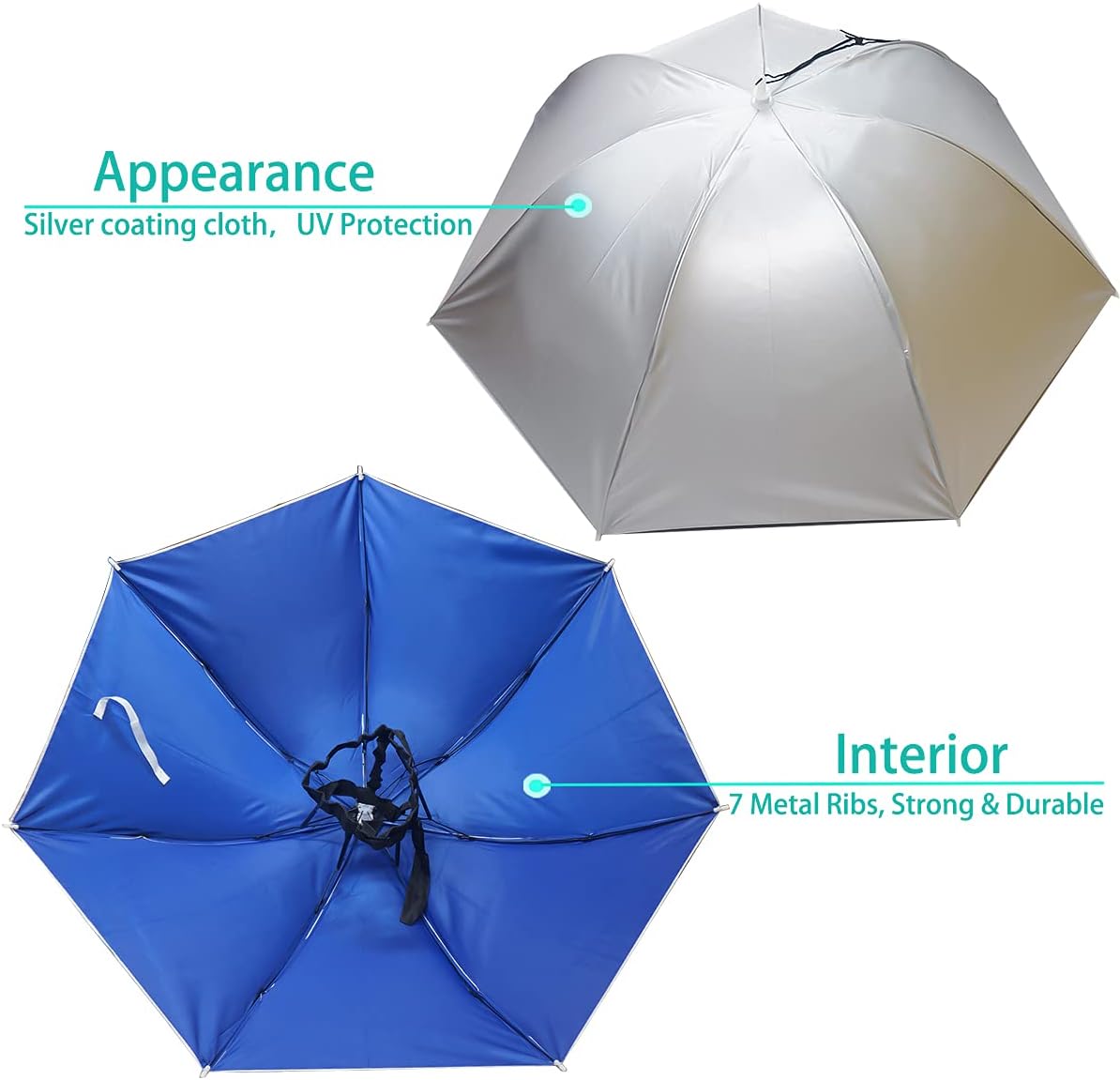 umbrella hat, 37 inch fishing umbrella hat hands free foldable uv protection umbrella cap adjustable headwear for fishing golf camping beach gardening sunshade outdoor silver-blue