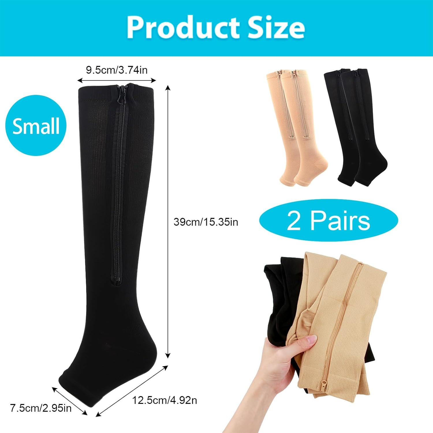 2 Pairs Zipper Compression Socks for Men Women, 15-20mmHg Open Toe Compression Stockings with Zippers - Image 3