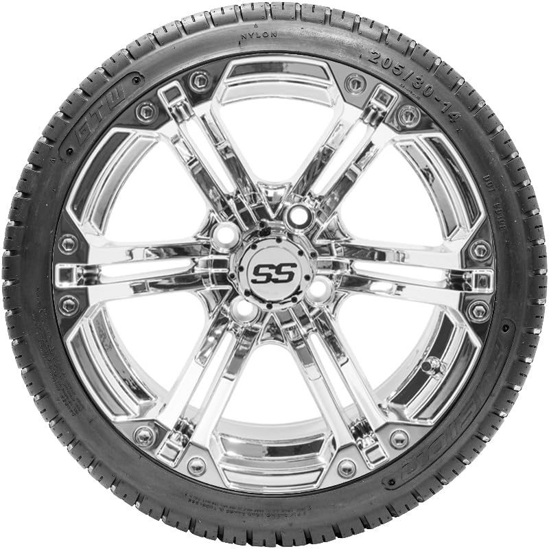 GTW 14 Inch Golf Cart Wheels and Tires Combo | Chrome Specter Wheels on 205/30-14 (19") Fusion Low Profile Street Tires | Set of 4