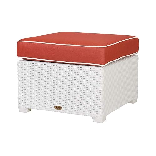 Magnolia White_Rattan Ottoman W/Maroon Red Cushion