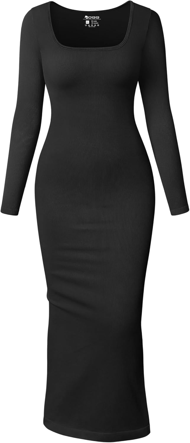 OQQ Women’s Long Sleeve Maxi Dress Square Neck Ribbed Bodycon Lounge Soft Dresses