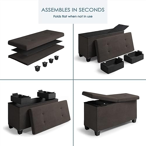 Miniatura 5 de Nestl Moderno banco de almacenamiento otomano de lino marrón con cubos de almacenamiento de 30 pulgadas, reposapiés plegable, máximo 660 libras