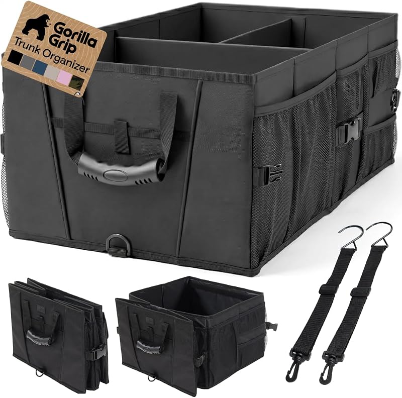 Trunk Organizer for SUV and Cars, Large Capacity Collapsible Car Trunk Storage Organizer, Heavy Duty Car Accessories, Gifts for Mom and Dad, Slip & Water Resistant Multi Compartment Black