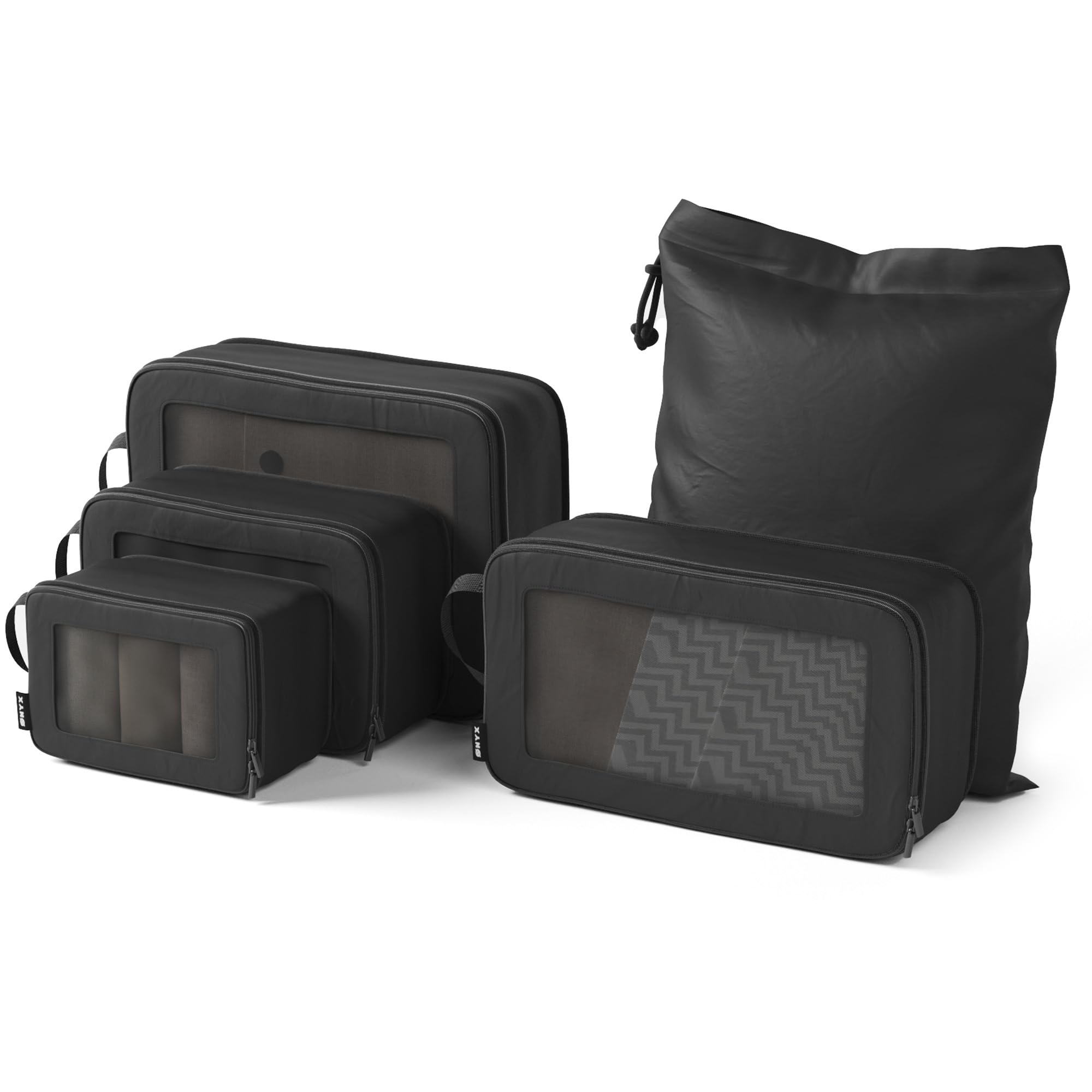ONYX 5-teiliges Packing Cubes Compression Set inkl. Schuhbeutel bzw. Wäschesack – Packwürfel Kompression für bis zu 50% Platzersparnis, Koffer Organizer Set aus 900D Polyester, Schwarz