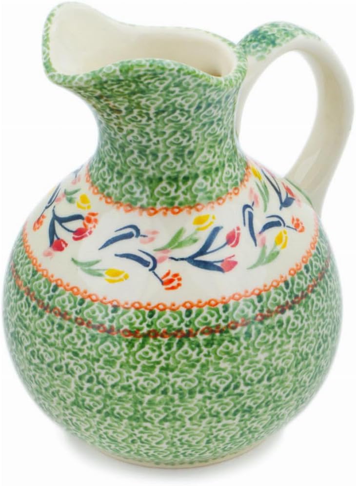 Polmedia Polish Pottery Pitcher - Tulip Ring Pattern Handmade in Boleslawiec Poland by Ceramika Bona + Certificate of Authenticity