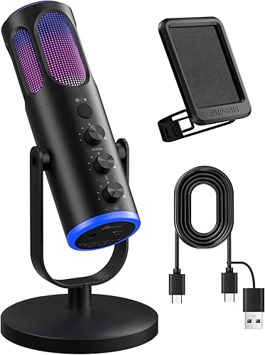 PUPGSIS - Micrófono para juegos para PC, micrófono condensador con cancelación de ruido con luces RGB, silencio, monitoreo, filtro pop, micrófono de