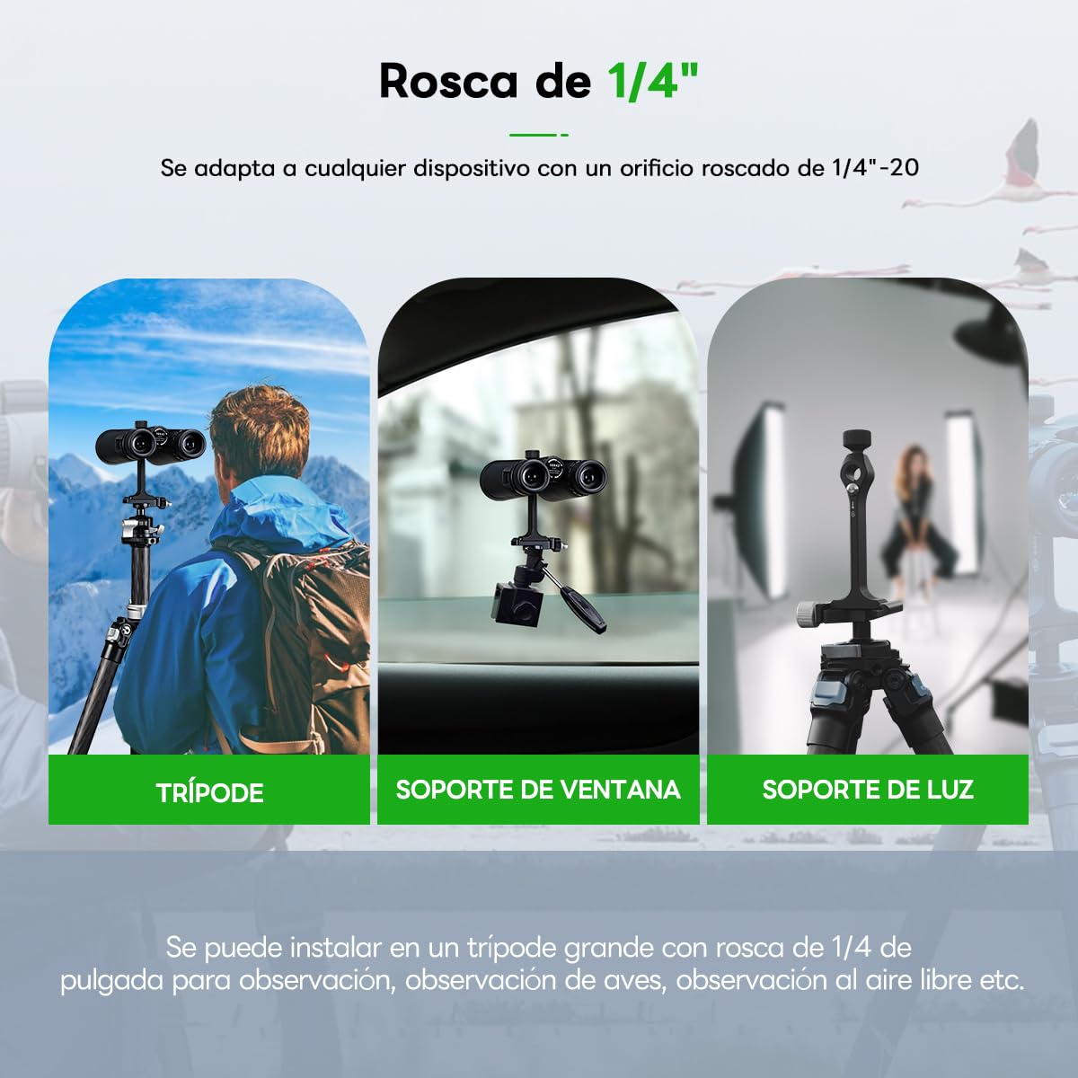 FANAUE Adaptador de trípode Binocular con 1/4-20" rosca compatible con prismáticos Porro y rótulas Arca, adaptador universal trípode para observación de aves caza, observación de animales y mucho más.