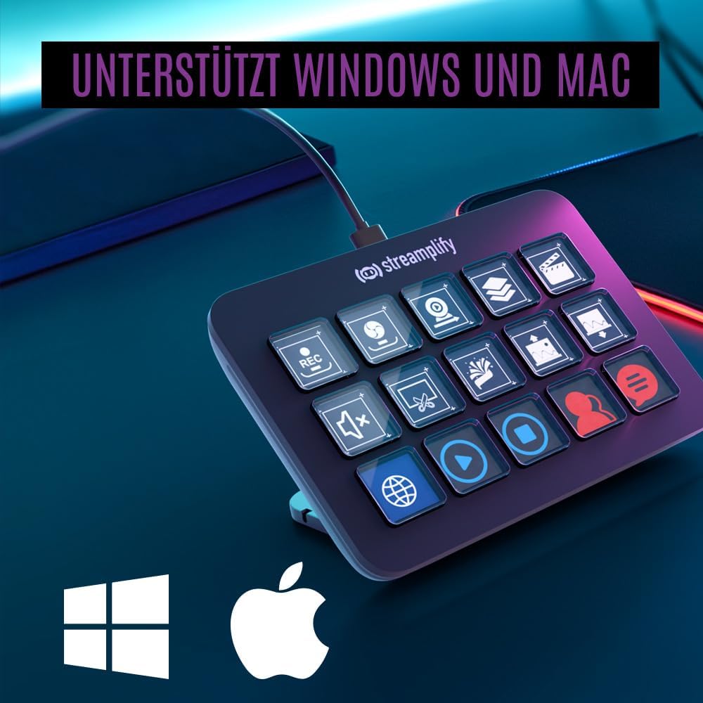 Streaming Deck ONE, 15 anpassbare LCD-Tasten, integrierter USB-Hub, klappbarer Ständer mit 3 Winkelstufen, rutschfeste Füße, kompatibel mit Windows und Mac OS