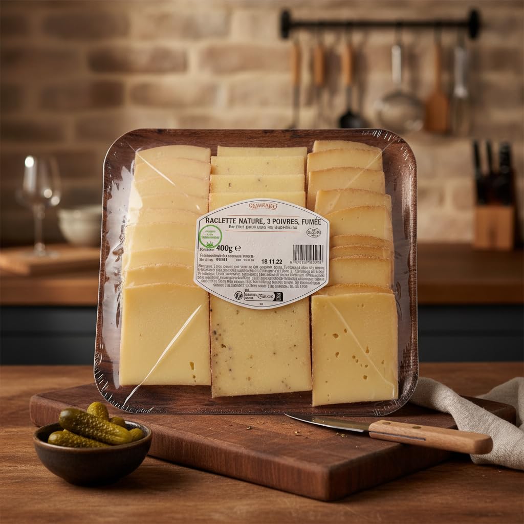 Surtido de Queso Raclette Francés 800g - Pack 3 Sabores: Natural, 3 Pimientas y Ahumado - Lonchas Listas para Fundir - Queso de Pasta Prensada - NEXU