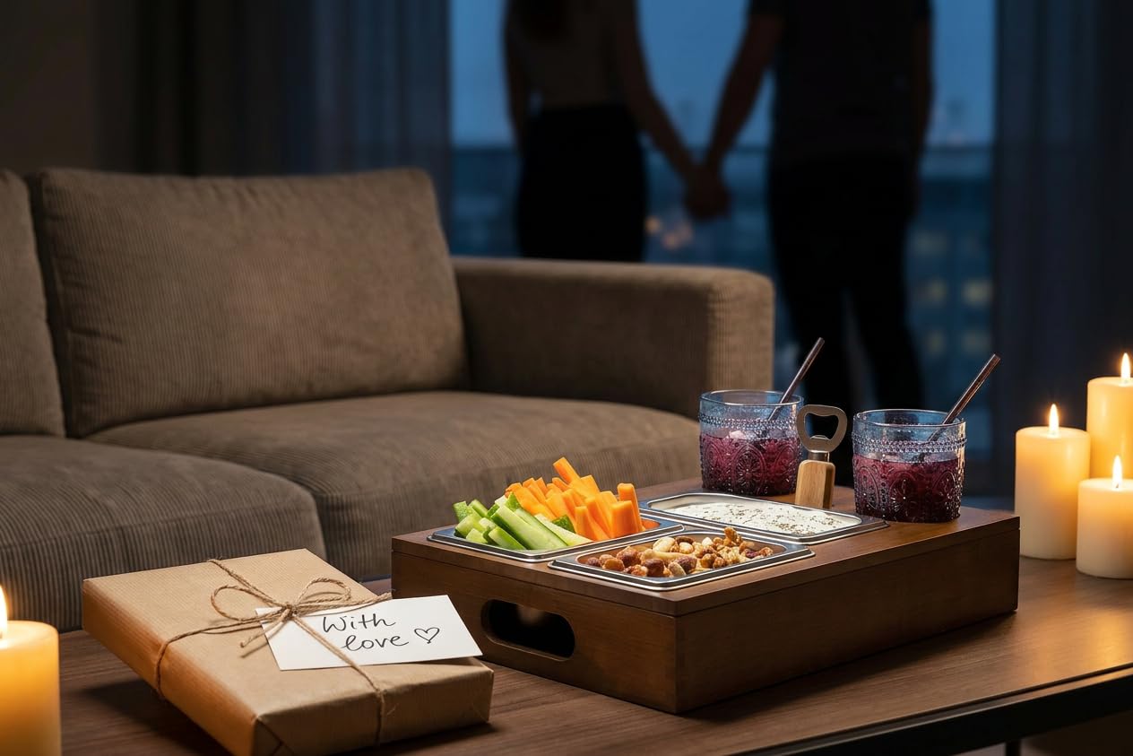 Couchbar aus Bambus mit 2 Getränkehaltern & 3 Edelstahlschalen – Sofa Organizer & Snackbox für Filmabend, Gaming & Serienabend – Sofatablett mit Snackschalen, Couch Butler 40 x 26 cm