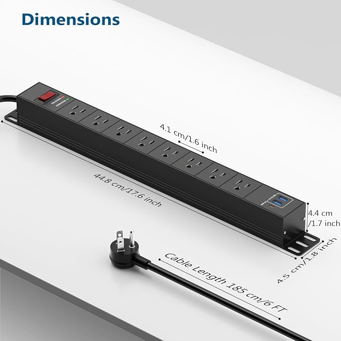 Regleta de poder de alta resistencia con 8 tomas, protección contra sobretensión de 1200 J, puerto USB C y 2 puertos USB A, cable de 6 pies, montable en pared, para oficina, garaje y taller miniatura 7