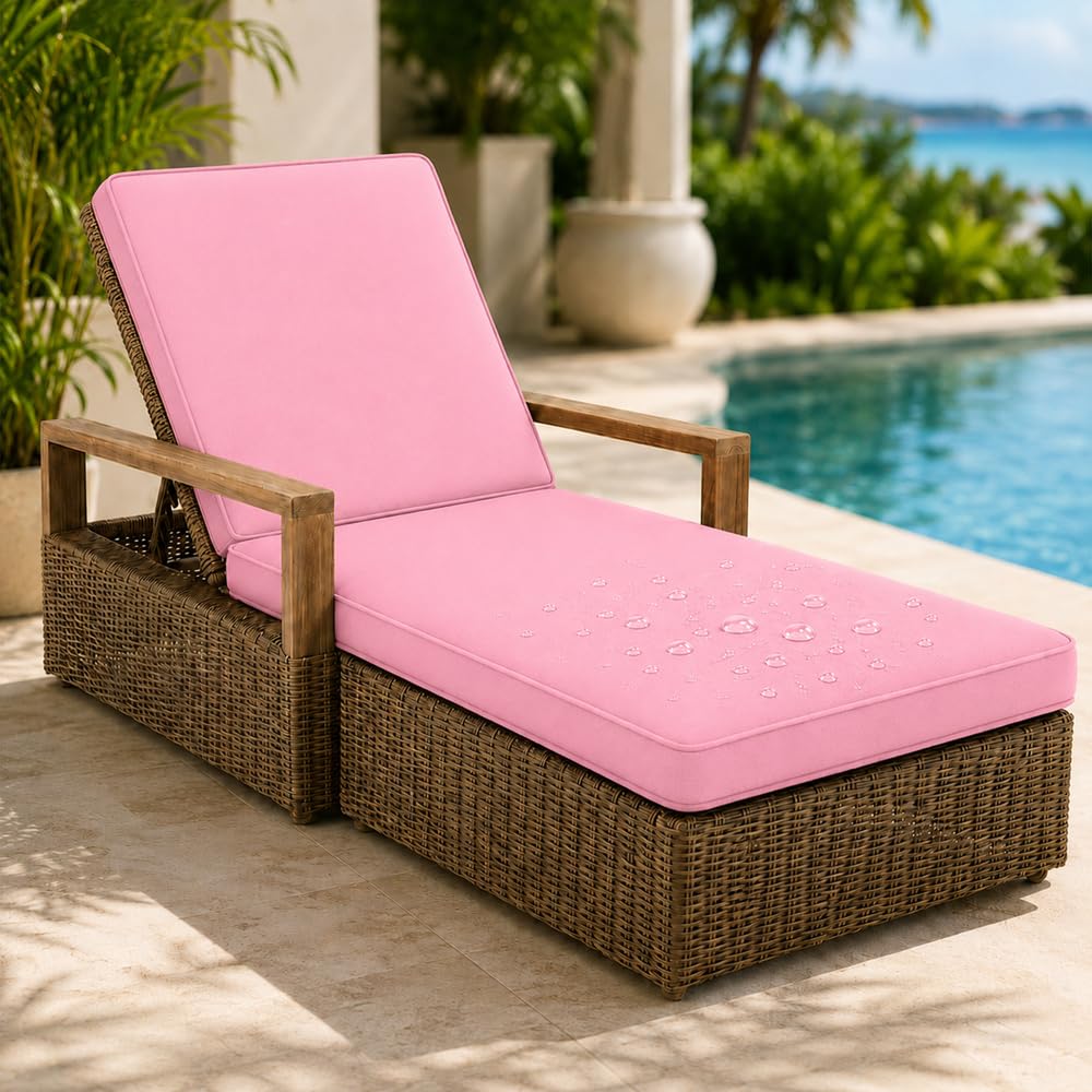 AZMAHT Sun Lounger Cushion Replacement Cushions Only, Waterproof 2 Section Lounger Cushion with Removable Cover, Anti-Slip Pad with 6 Straps for Garden Sunbed,Pink,183x53x5cm