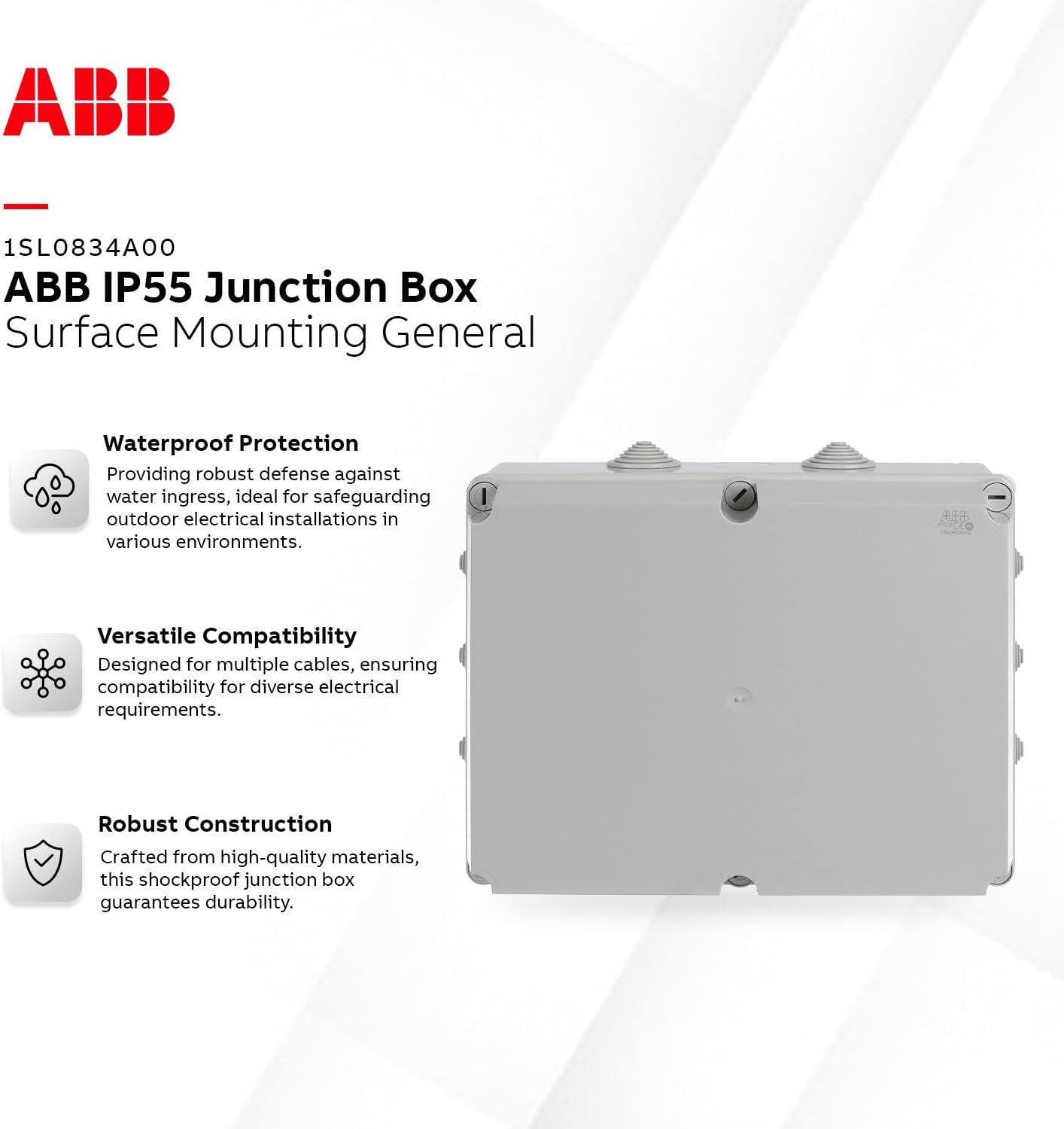 ABB IP55 Junction Box • Waterproof Electric Cable Connector Unit • Cable Glands Included • Shockproof Adaptable Box • Indoor/Outdoor Box • 310 x 240 x 160mm