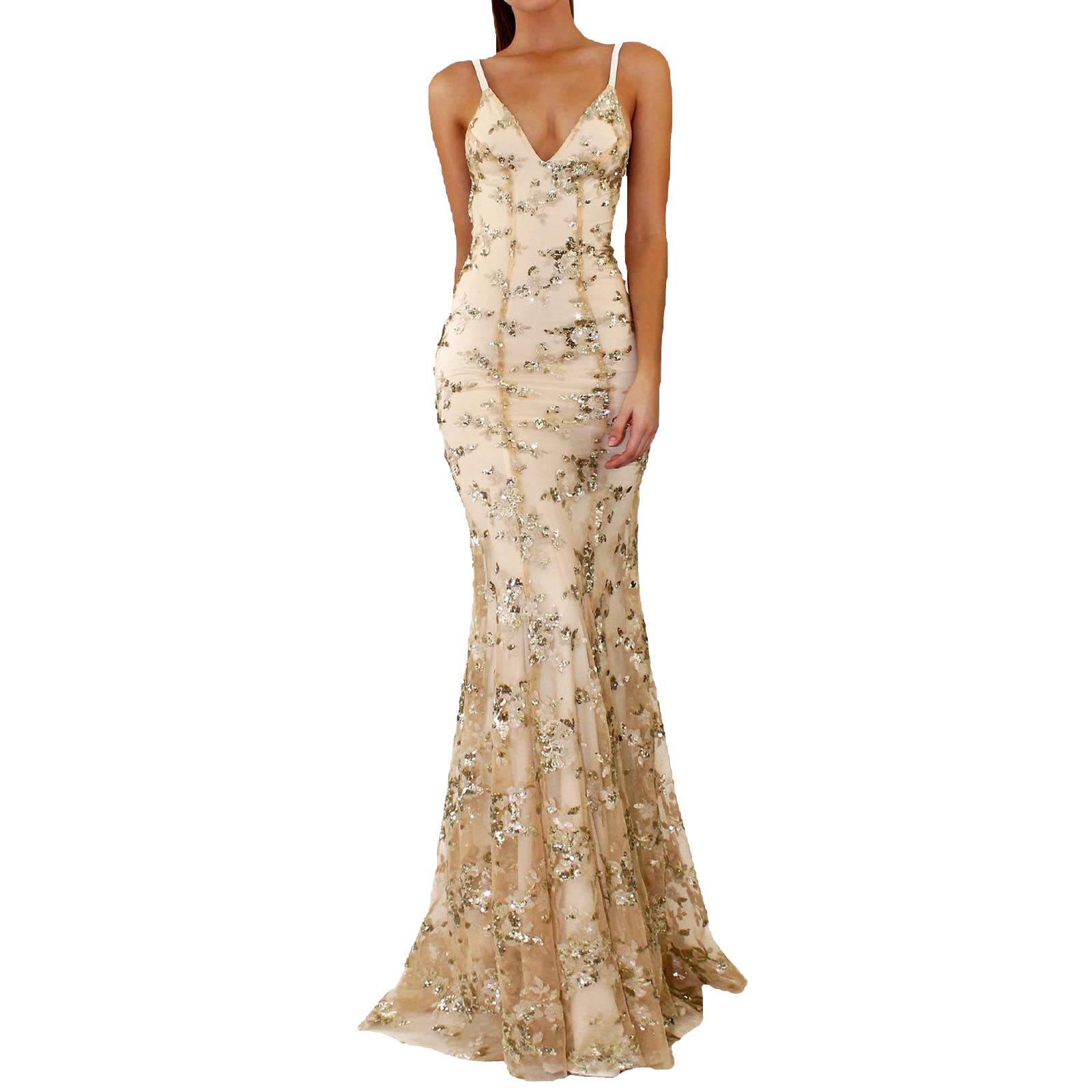 xHxttL Vestidos de Fiesta de Sirena con Lentejuelas para Mujer, Tirantes Finos, Cuello en V, Brillantes, Largos, Formales, para Fiesta de Noche