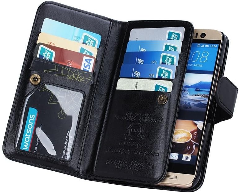 HTC One M10 Multi-Function Phone Wallet Case , TaoFilm Pro Premium PU Leather Wallet Bag Case [2 in 1 Magnetic Detachable Back Cover Flip] [ 9 Card Slots] [Wrist Strap] For HTC One M10 (Black)