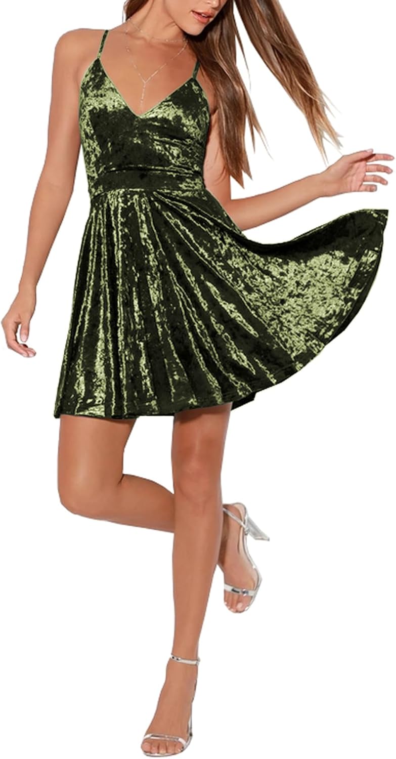 R.Vivimos Women's Crushed Velvet Spaghetti Straps Sexy V Neck Club Party Pleated Swing Skater Dress - Image 3