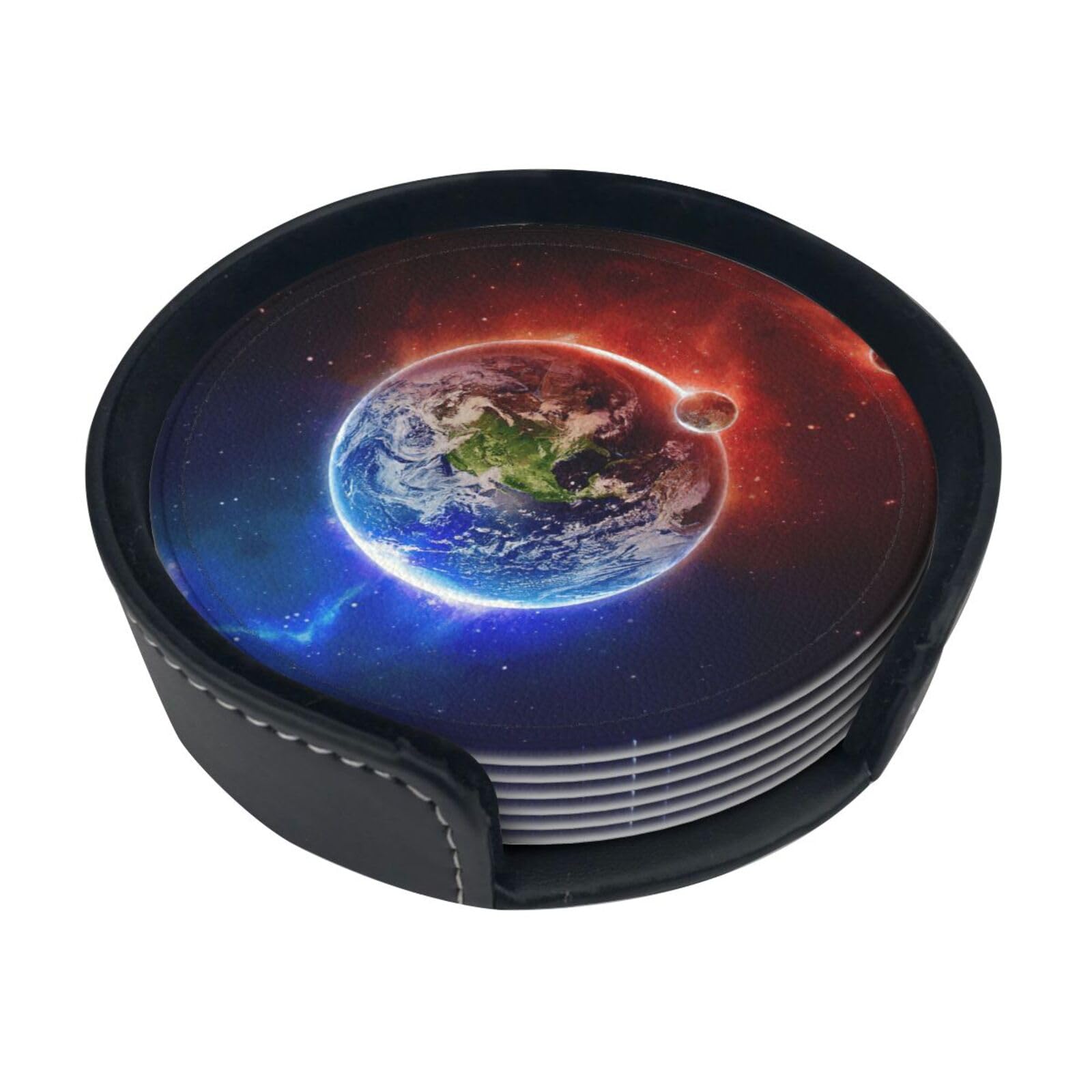 Space Planet Earth Print Leather Coasters Set Of 6 With Holder,4 Inch Round Drink Coasters,Heat Resistant,Easy Clean For Home & Bar