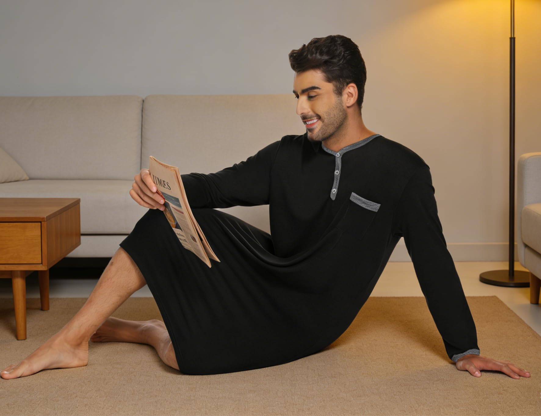 Chemise de Nuit Homme Coton Pyjama Manches Longues Manches Courtes Hauts de Pyjama Homme Tee-Shirt Long Col Rond avec Boutons Vêtements d'Intérieur T-Shirt Grande Taille Douce Confortable