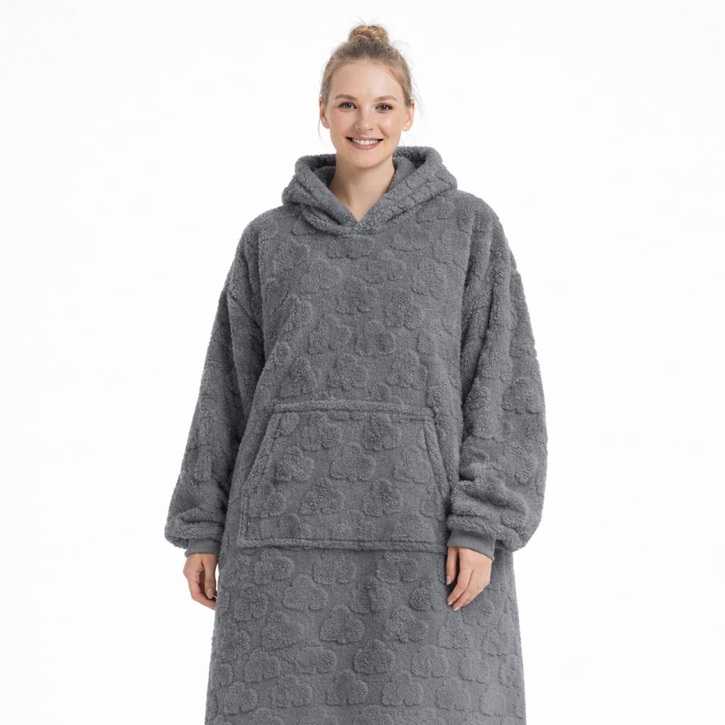 Sudadera Manta con Capucha Oversize Unisex – Polar Suave y Cálido, Interior Sherpa, Bolsillo Canguro, Diseño Nubes, Talla Única (112×80 cm) – para Hogar, Sofá, Cama, Invierno – Gris