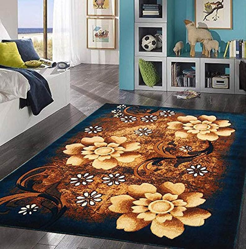Image of Soft Thick Geometric Acrylic Washable Anti Skid Carpet. for Living Room Bedroom. Hall Size 6 x 8 feet (150X210 Cm) Blue D36