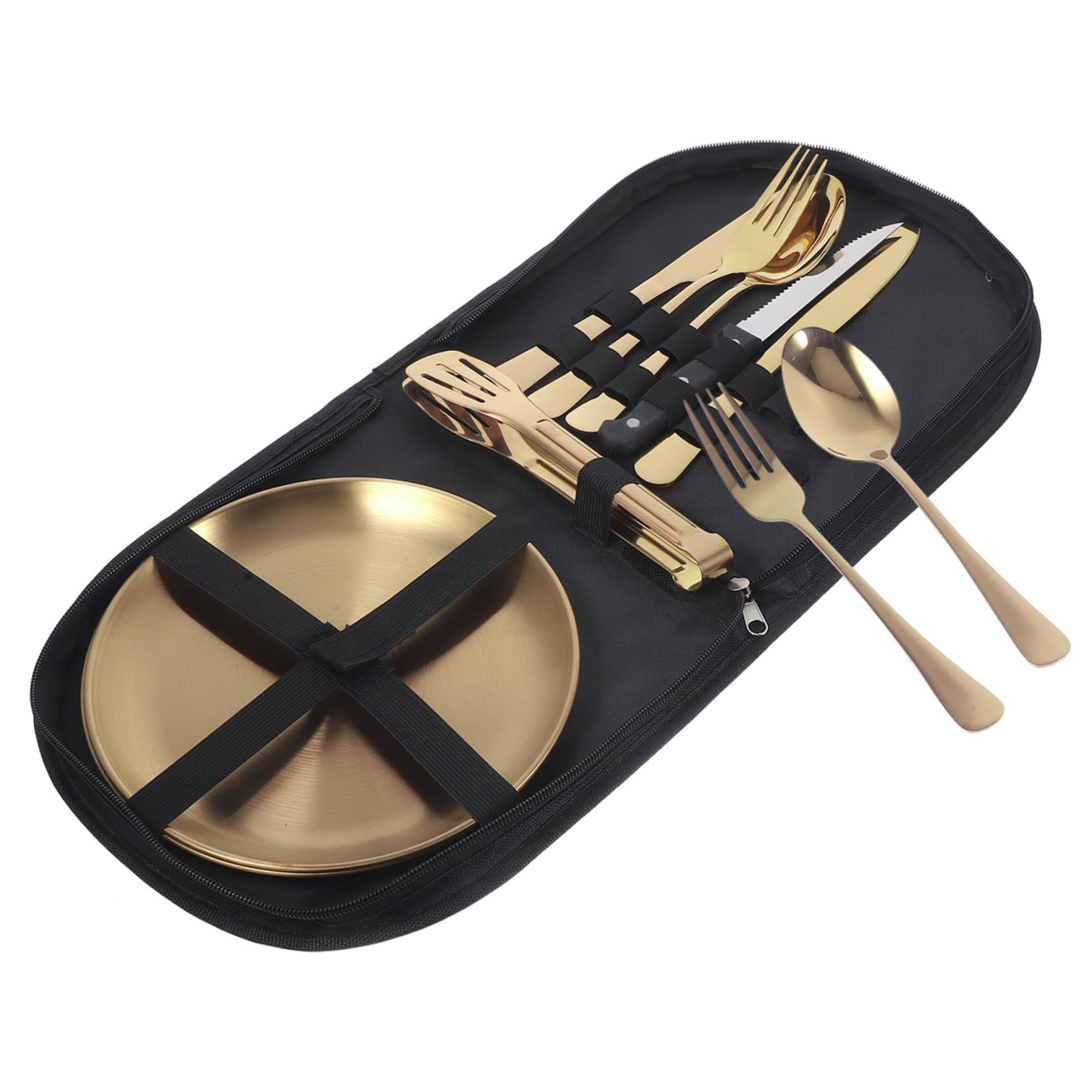 VICASKY Edelstahl Camping Besteckset Gold Reusable Outdoor Cutlery mit Tasche Faltbare Gabeln Robustes Geschirr für Picknick Wandern und Reise Langlebig und Kompakt