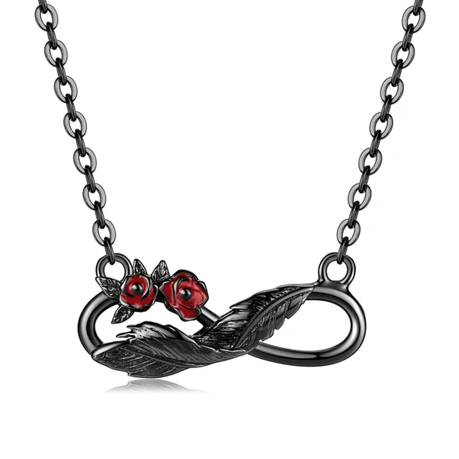 Collier croix noire argent 925 anti-allergie avec plume rose pour peau sensible
