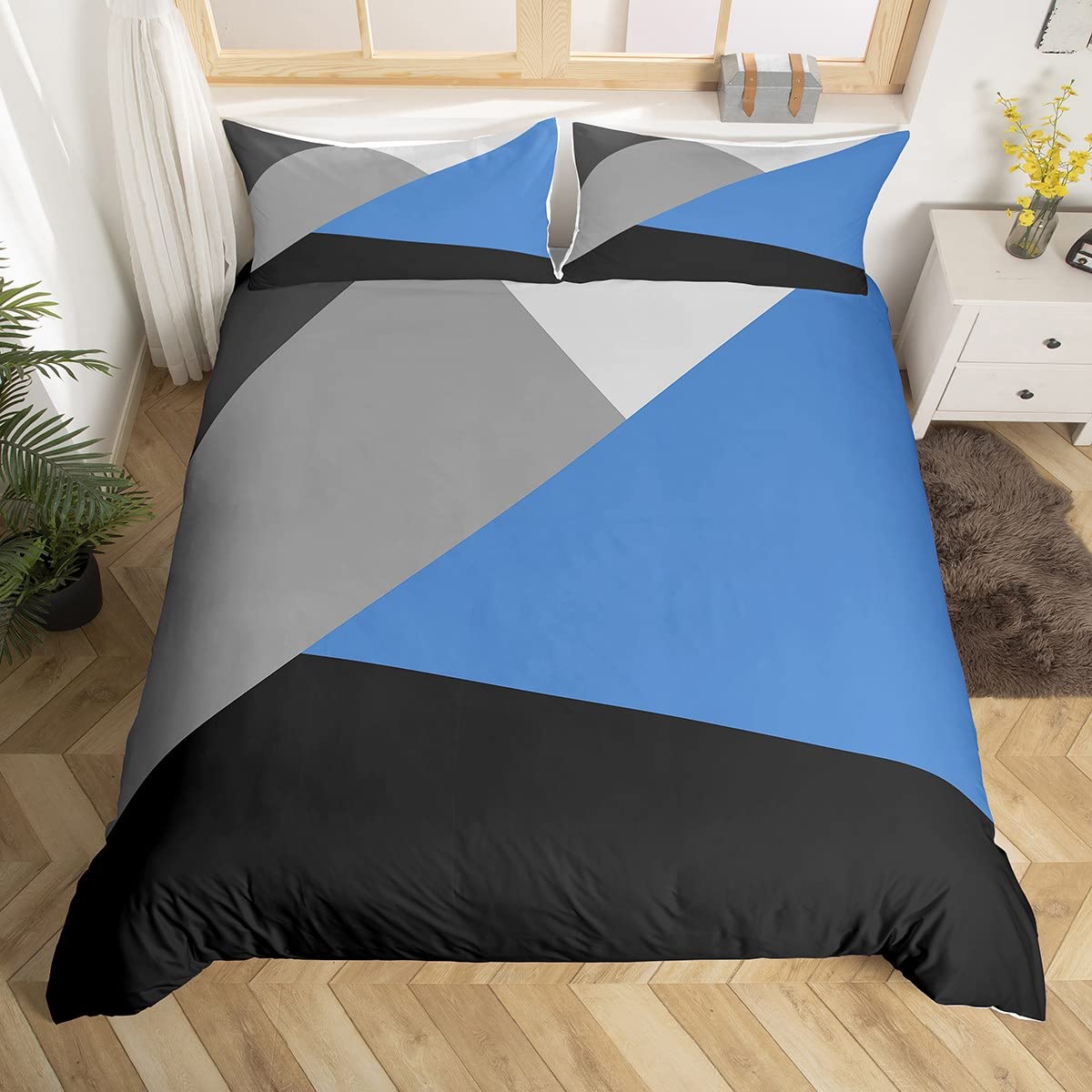 Homewish Geometric Patchwork King Size Duvet Cover Set with 2 Pillowcases - 100% Soft & Breathable Polyester, Zip Closure - Blue Grey Triangle Bedding - Modern Simple Pattern with Black Reverse