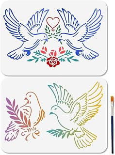 MAYJOYDIY 2 Pcs Dove of Peace Stencil Love Pigeons Stencils for Painting 11.7×8.3inch Reusable Olive Rose Stencil Crafts Templates with Paint Brush for DIY Craft on Wood Wall Home Decor