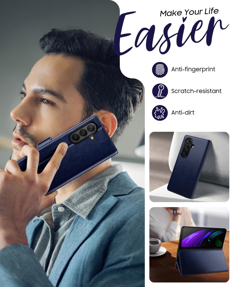 OCASE for Galaxy Z Fold7 Wallet Case, PU Leather Flip Folio with Card Slots, RFID Blocking, Kickstand & Wrist Strap, Phone Cover for Galaxy Z Fold 7 2025, Blue