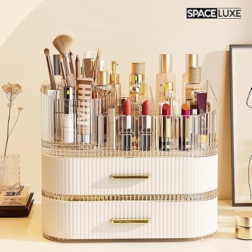 Miniatura 2 de SpaceLuxe Organizador de maquillaje con cajones y soporte giratorio de 360 para brochas, almacenamiento cosmético de gran capacidad para tocador,